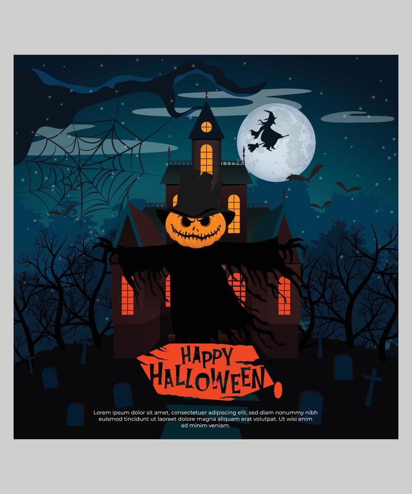 Happy Halloween greeting card. Halloween banner or poster, with night clouds and pumpkins in paper cut style vector
