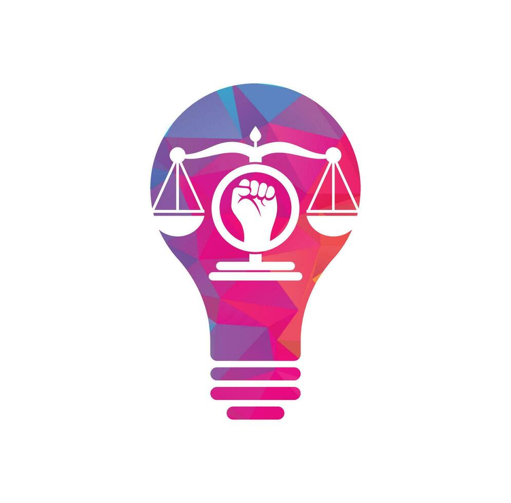 Icono de diseño de logotipo de concepto de forma de bulbo de puño de ley. escalas de justicia en el diseño de la plantilla del logotipo de la mano. concepto del logo de la justicia revolucionaria. vector