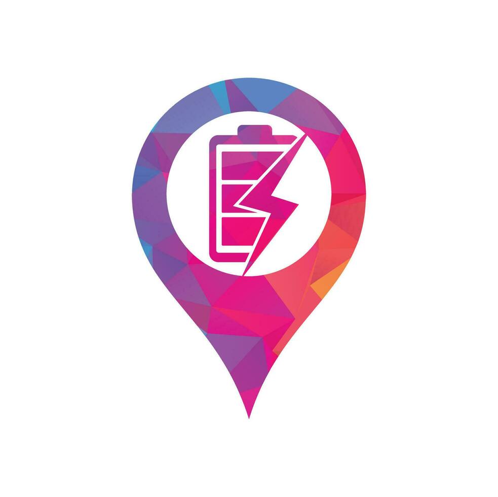 plantilla de diseño de logotipo de concepto de forma de pin de mapa de batería de energía. energía de la batería y el icono del logotipo del relámpago. vector