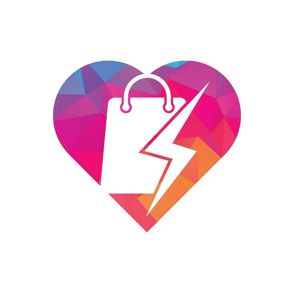 Thunder Shop heart shape concept Logo design vector. Fast Shop Logo. Shopping Bag Combined with Energy or Lightning Bolt Icon Vector