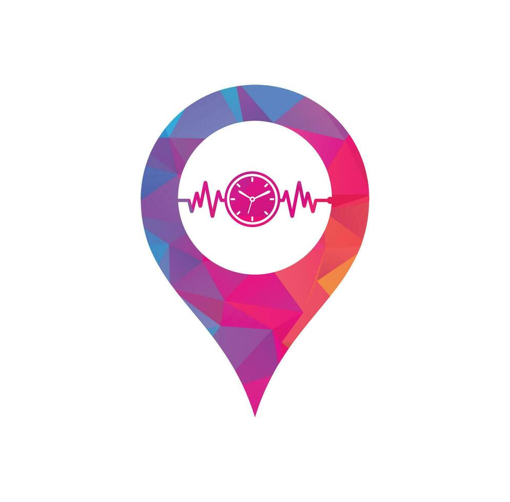 Pulse Time map pin shape concept Logo Template Design Vector. Heart beat and time logo design icon. vector