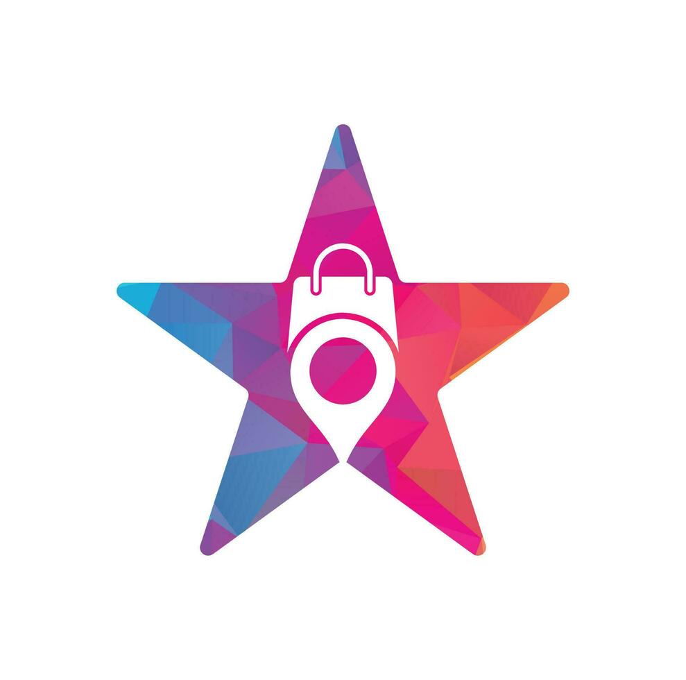 vector de icono de diseño de logotipo de concepto de forma de estrella de bolsa de compras gps. ubicación del pin del mapa con el diseño del logotipo de la bolsa de compras.