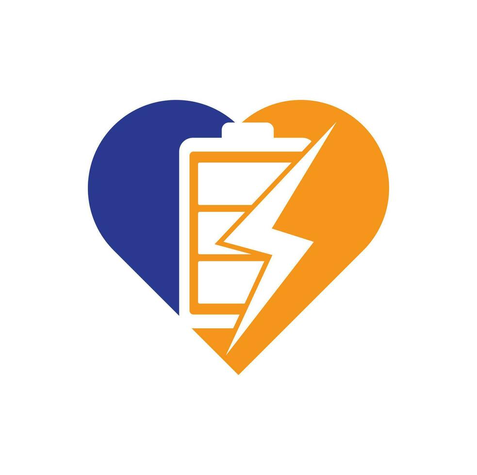 Power Battery heart shape concept Logo Design Template. Battery power and flash lightning bolt logo icon. vector