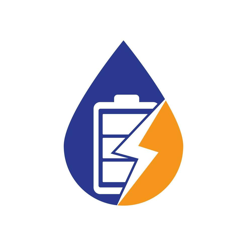 Power Battery drop shape concept Logo Design Template. Battery power and flash lightning bolt logo icon. vector
