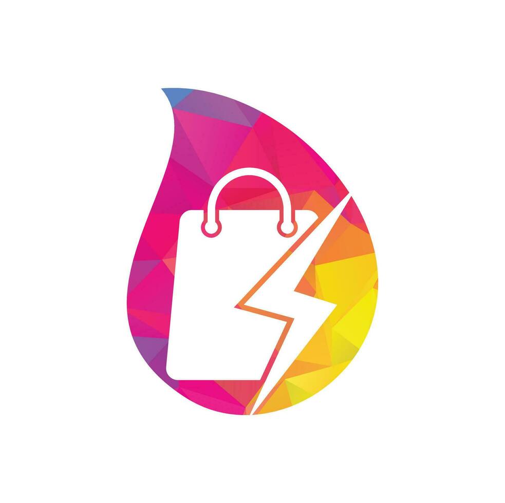 Thunder Shop drop shape concept Logo design vector. Fast Shop Logo. Shopping Bag Combined with Energy or Lightning Bolt Icon Vector