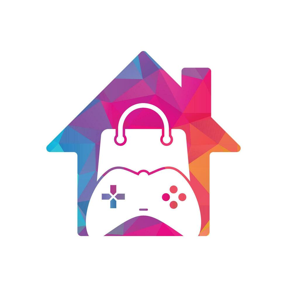 Game shop home shape concept vector logo. design. Shopping bag combination joystick icon vector design.