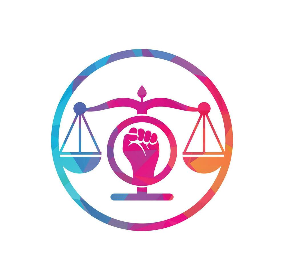 icono del diseño del logo del puño de la ley. escalas de justicia en el diseño de la plantilla del logotipo de la mano. concepto del logo de la justicia revolucionaria. vector