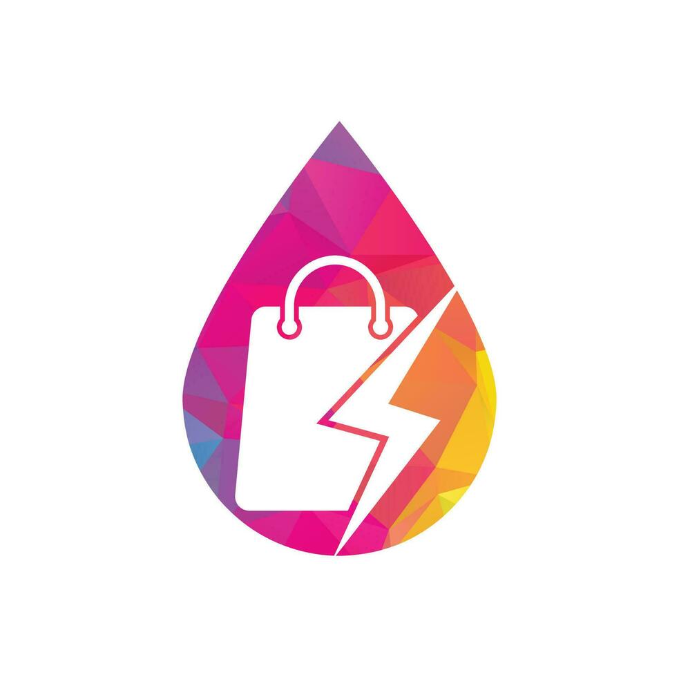 Thunder Shop drop shape concept Logo design vector. Fast Shop Logo. Shopping Bag Combined with Energy or Lightning Bolt Icon Vector