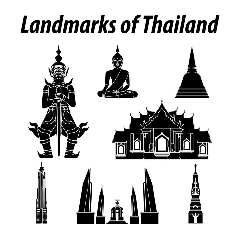Bundle of Thailand famous landmarks by silhouette style vector