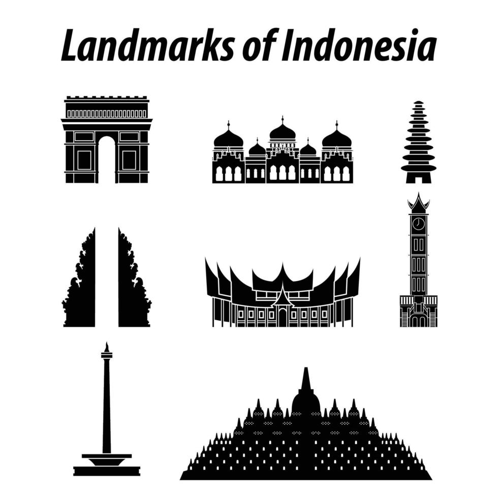 Bundle of Indonesia famous landmarks by silhouette style vector