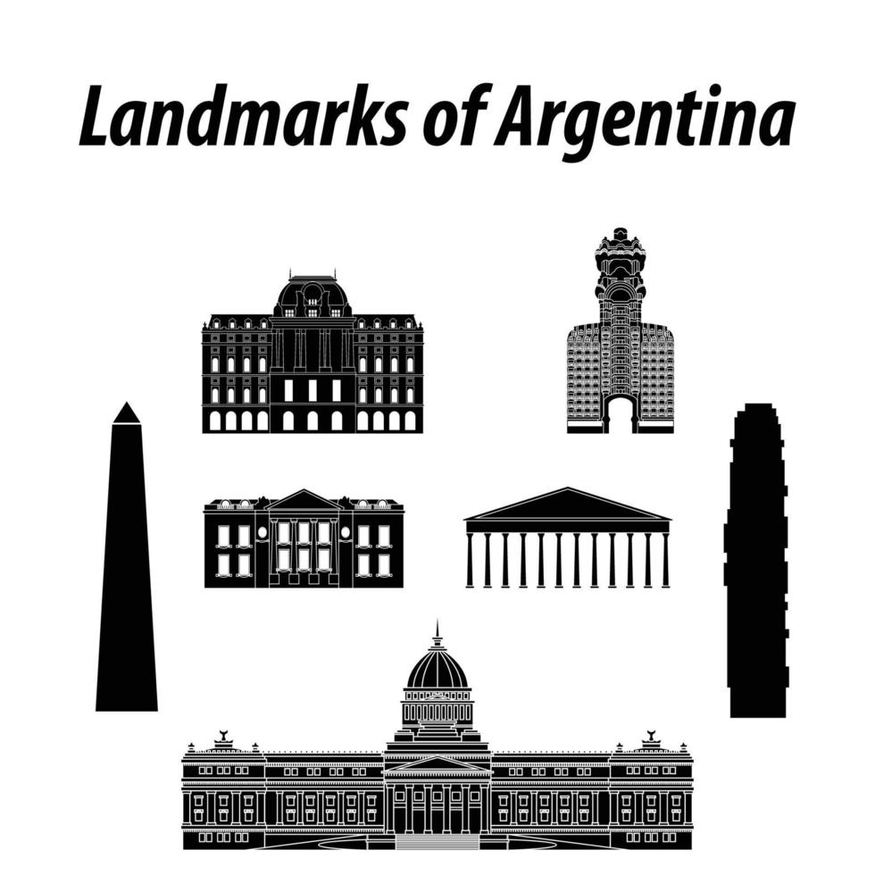 conjunto de lugares famosos de argentina por estilo de silueta vector