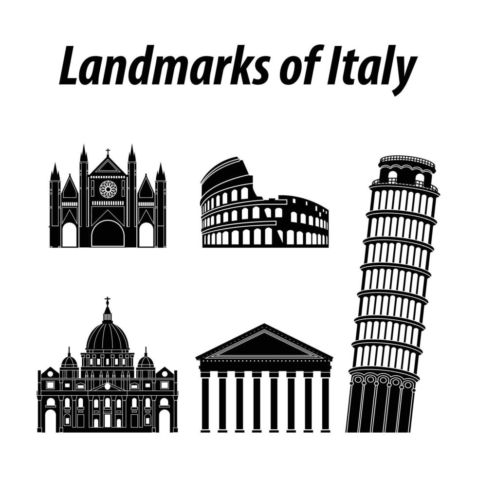 paquete de monumentos famosos de italia por estilo de silueta vector