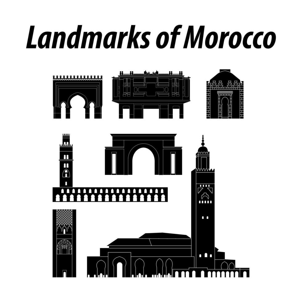 Bundle of morocco famous landmarks by silhouette style vector