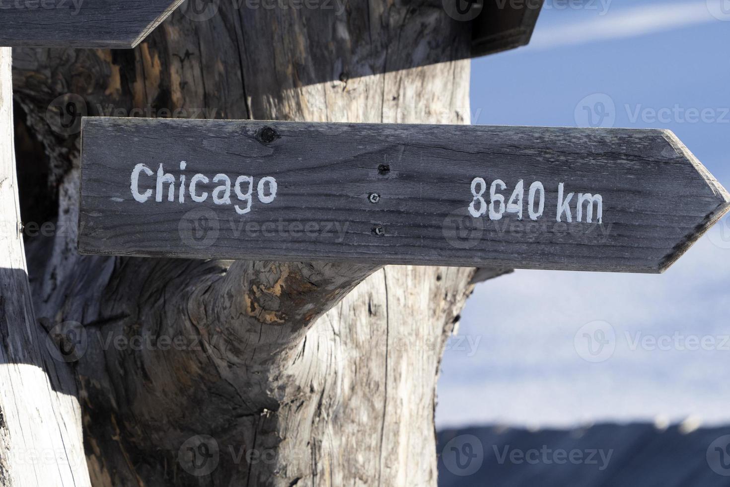 cartel de madera de distancia de chicago en árbol muerto foto