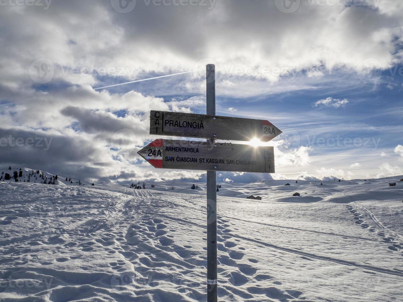 dolomites snow panorama wooden hut val badia armentarola pralongia sign hiking photo