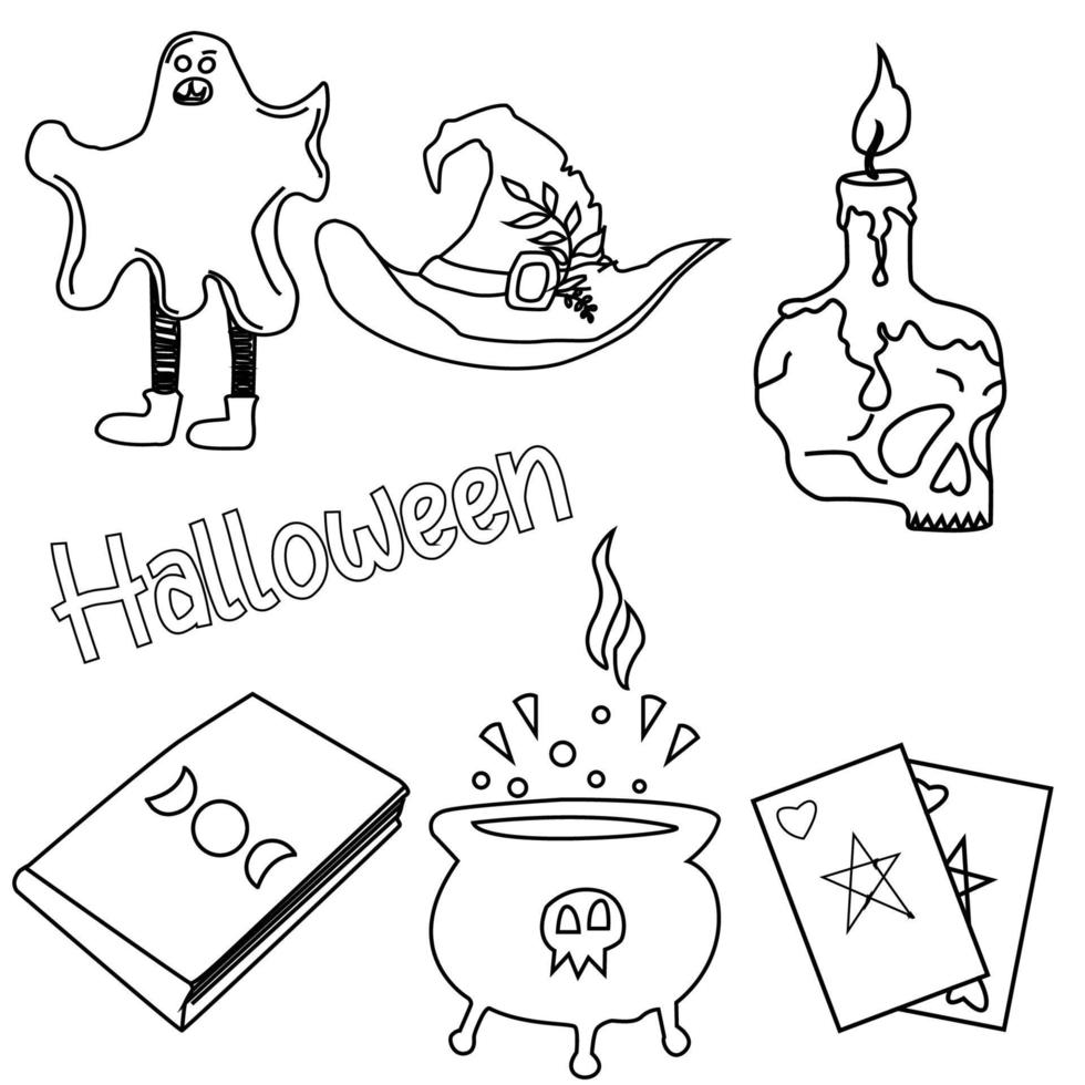 lindos garabatos de halloween, símbolos tradicionales y populares: calabaza tallada, disfraces de fiesta, brujas, fantasmas, monstruos, vampiros, esqueletos, calaveras, velas, murciélagos vector