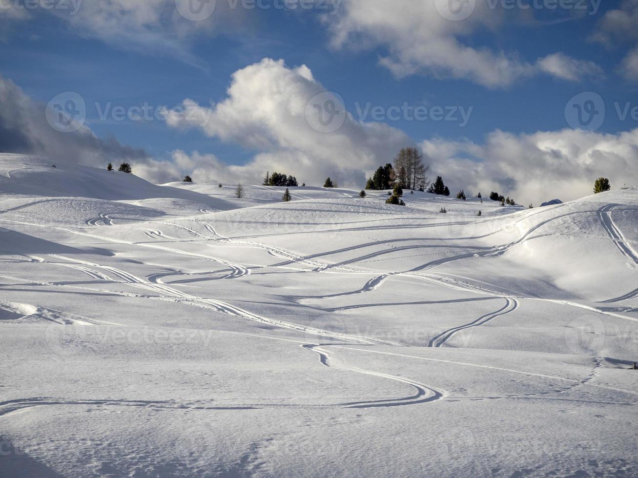 dolomites snow panorama wooden hut val badia armentarola photo