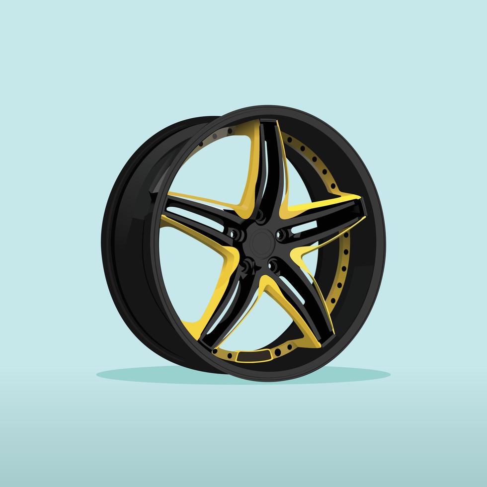 Realistic black gray and yellow rim. Custom sports car rim, 3d vector illustration.