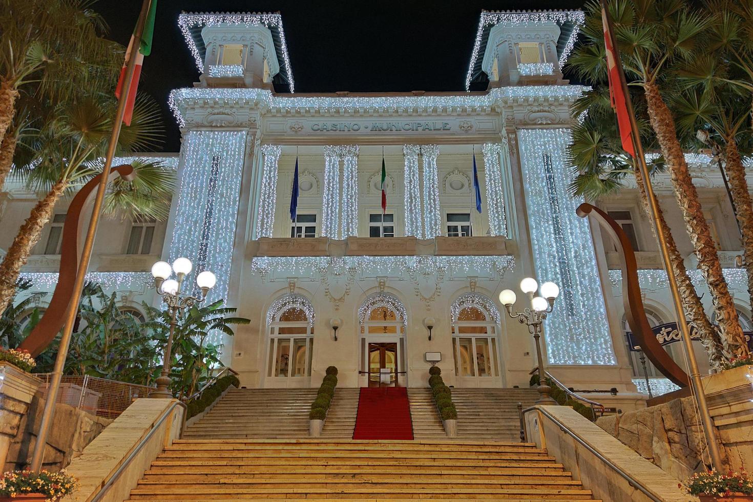 SANREMO, ITALY - DECEMBER 13, 2020 - Casino of Sanremo at night during winter season photo