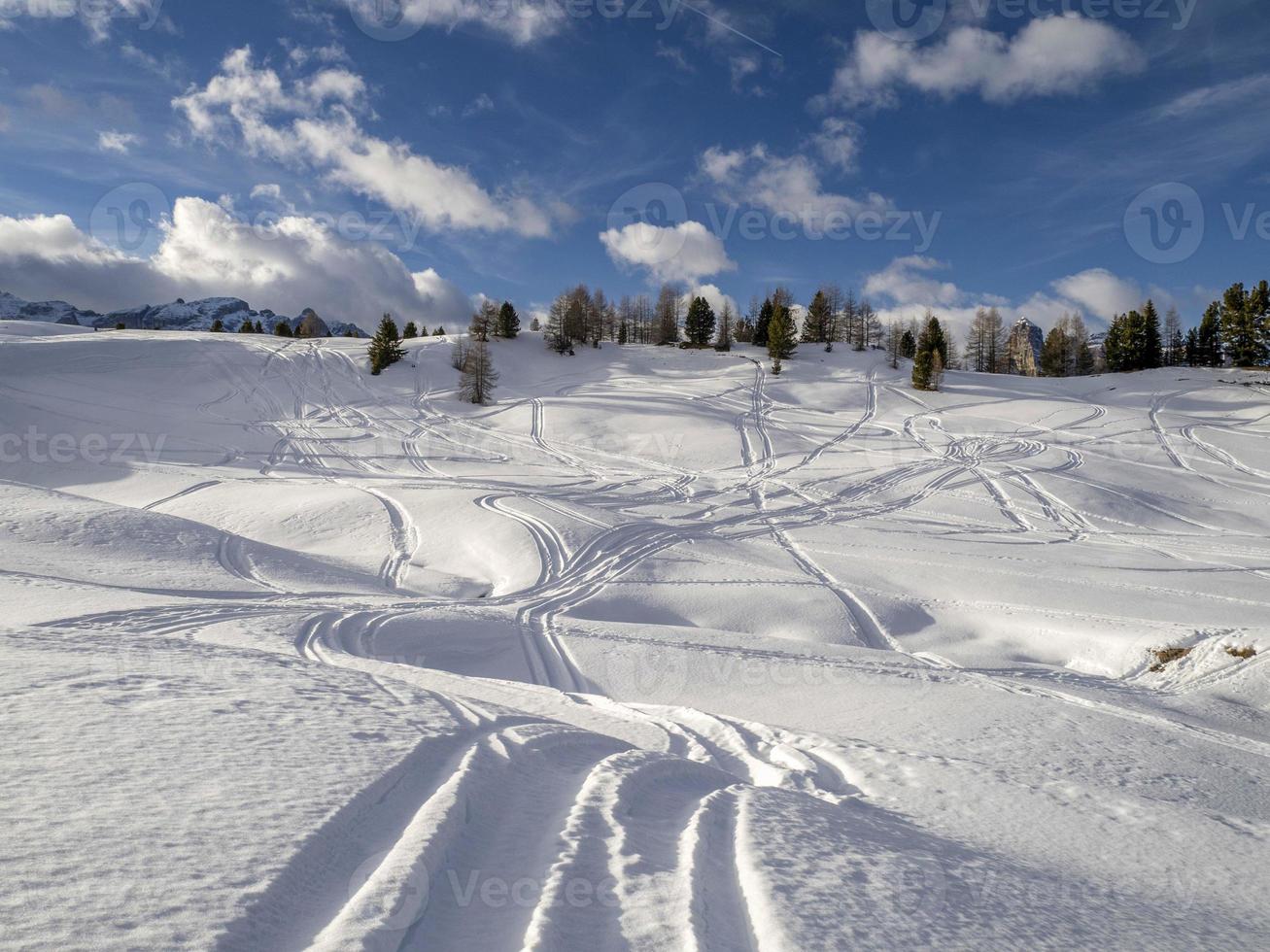 dolomites snow panorama alpine ski off slope tracks photo