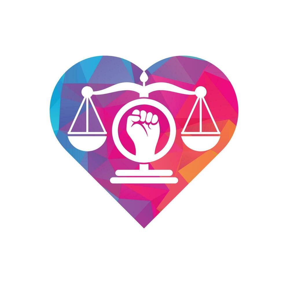 Law fist heart shape concept logo design icon. Justice Scales in Hand logo template design. Revolution justice logo concept. vector