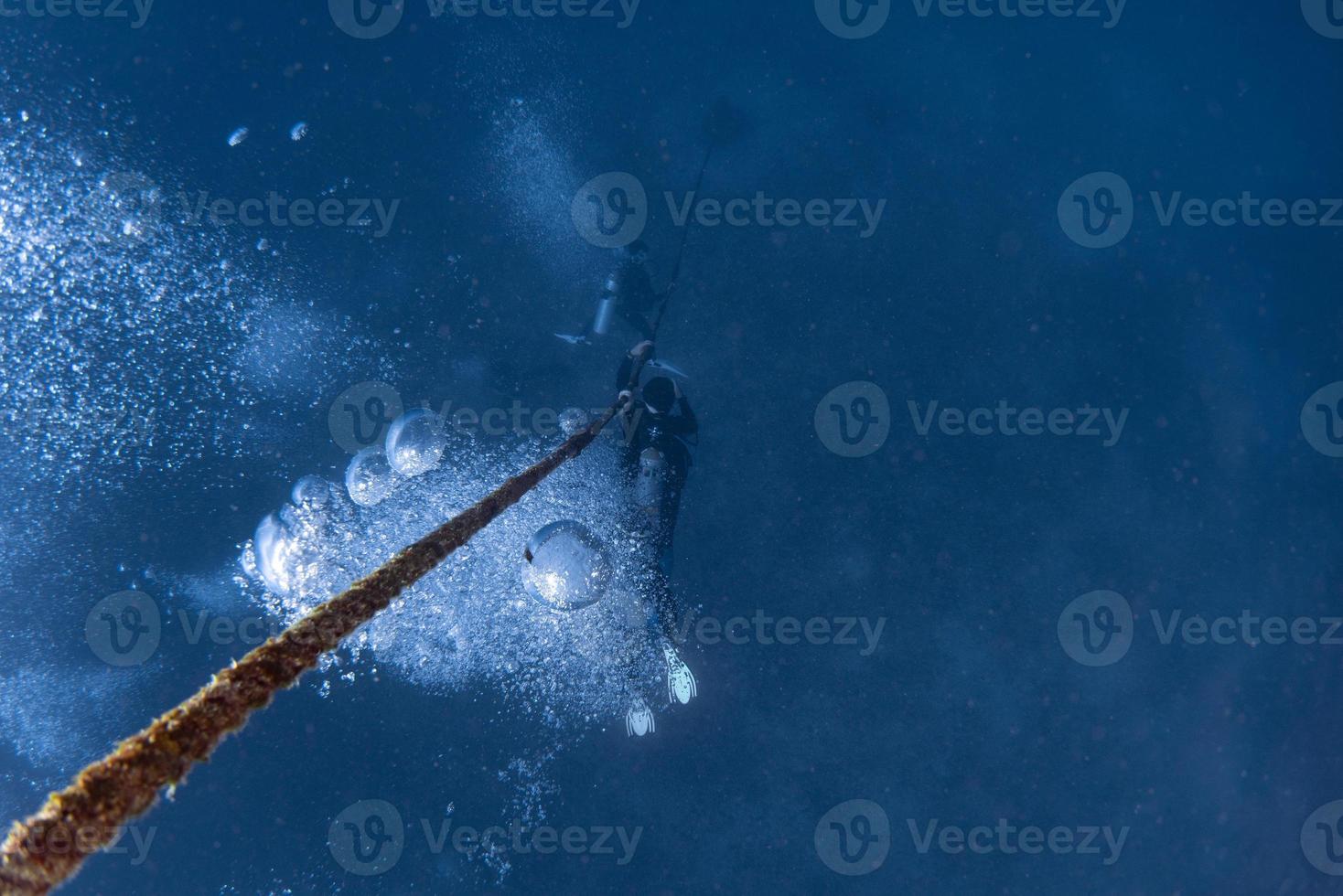 scuba divers while diving in deep blue sea photo