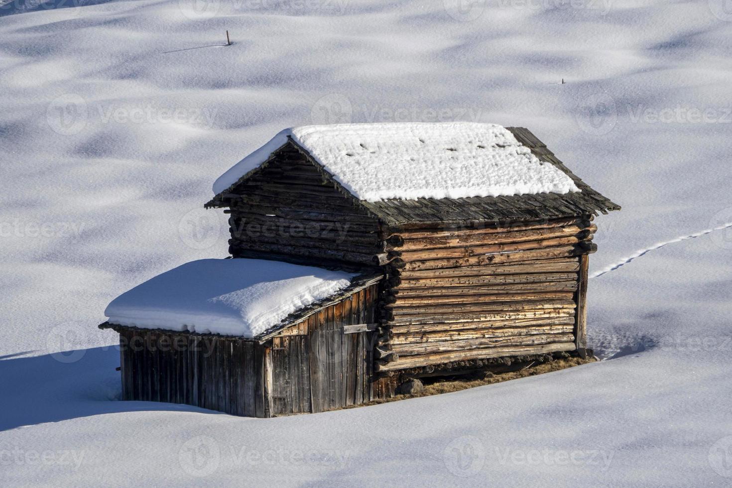 dolomites snow panorama wooden hut val badia armentara photo