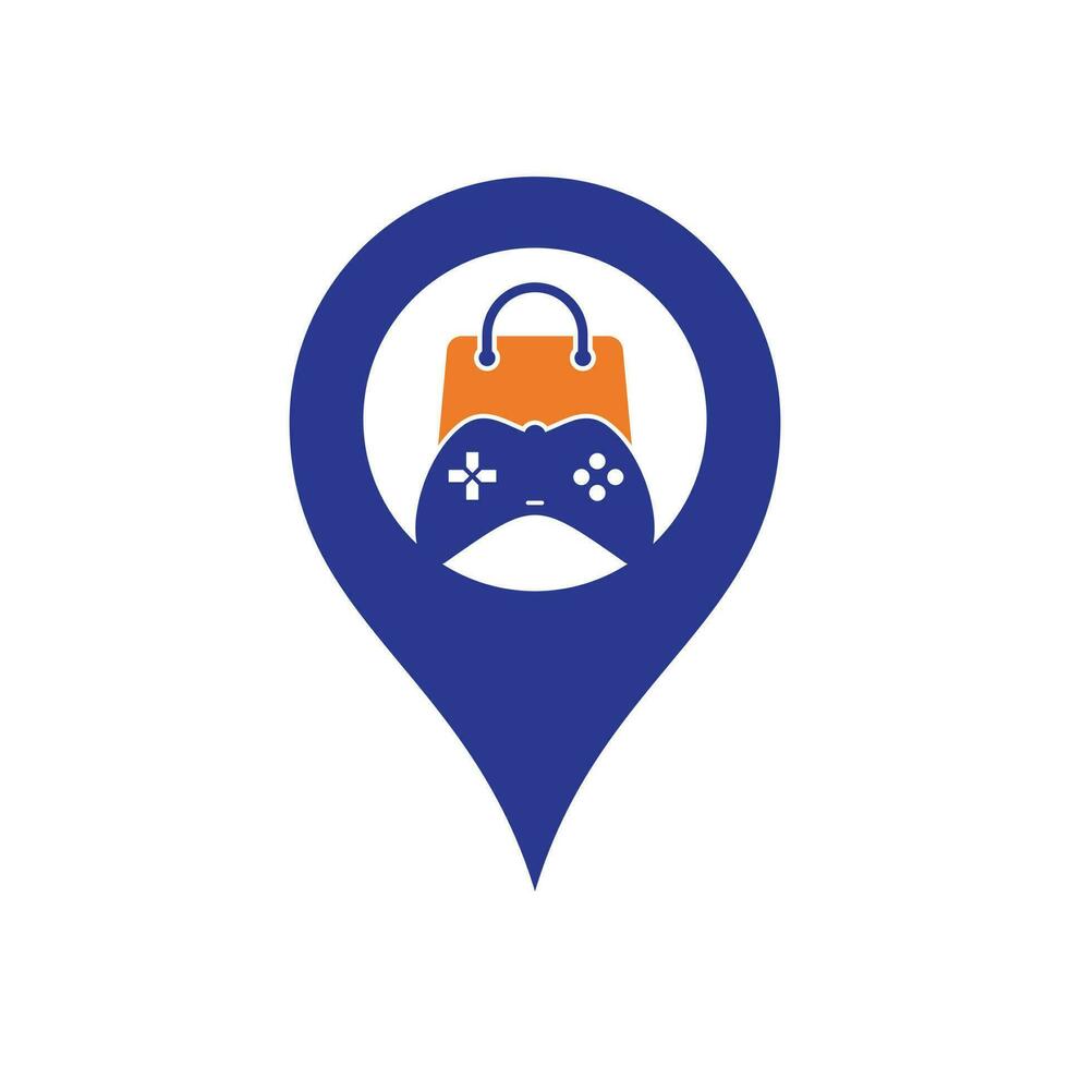 Game shop map pin shape concept vector logo. design. Shopping bag combination joystick icon vector design.