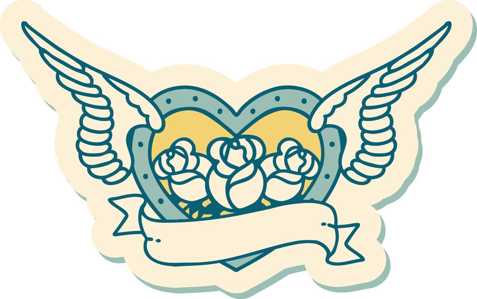 sticker of tattoo in traditional style of a flying heart with flowers and banner vector