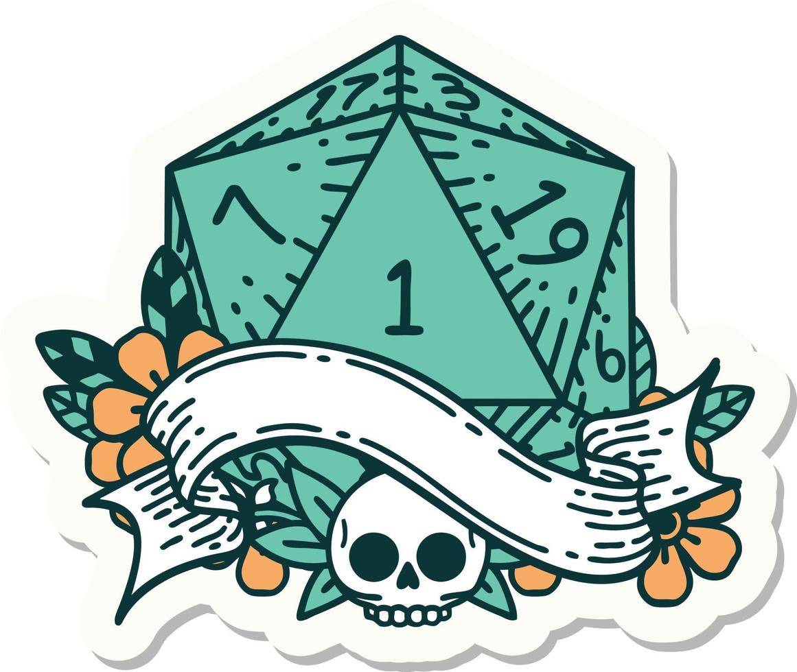 sticker of a natural one d20 dice roll vector