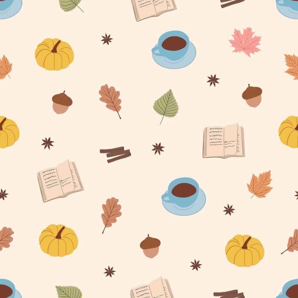 Autumn seamless pattern with leaves, book, cup of coffee, pumpkin and cinnamon. Fall hand draw vector illustration with cute elements and seasonal symbols. Packaging paper design