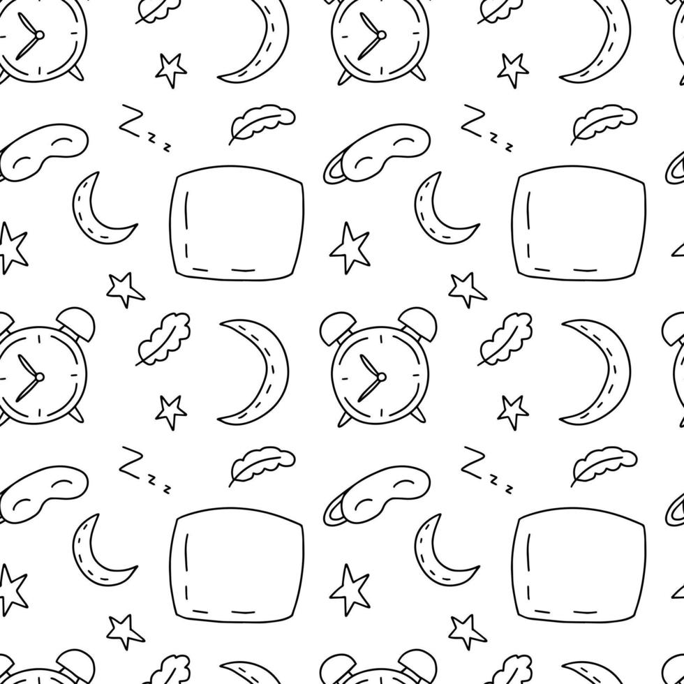 Doodle sleep night items seamless pattern. Hand drawn sleeping elements pattern vector