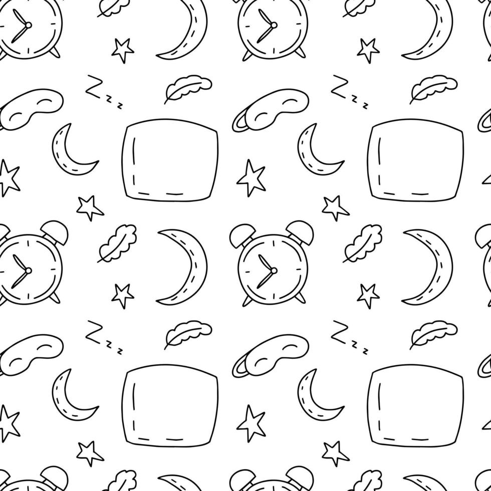 Doodle sleep night items seamless pattern. Hand drawn sleeping elements pattern vector