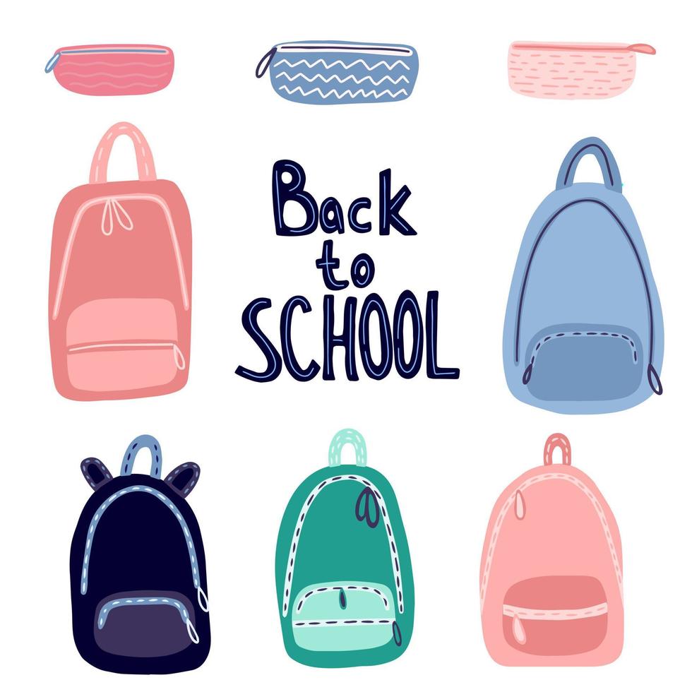 Vector school bags and pencil cases set. Doodle school supplies vector clip art