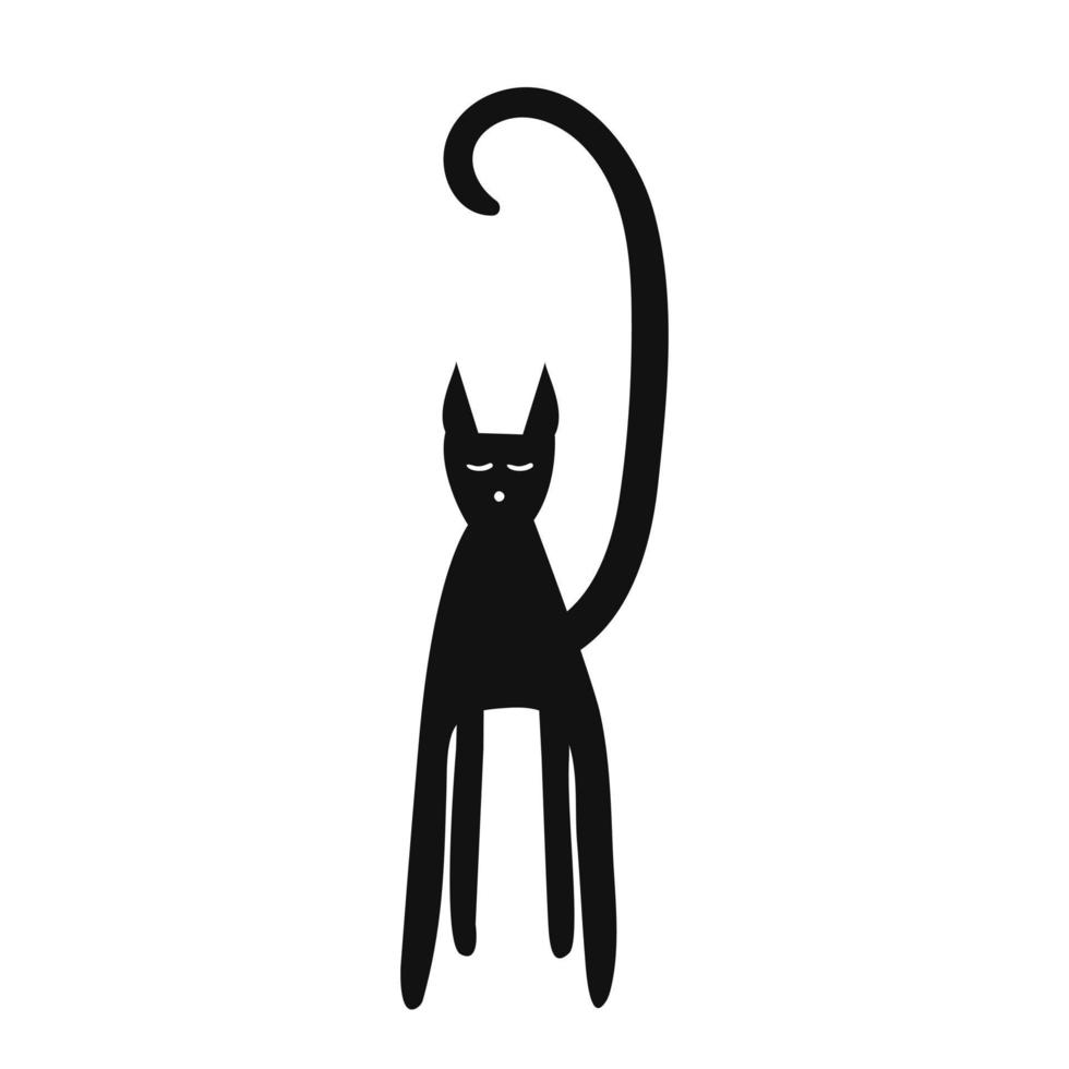 Black cat vector illustration. Hand drawn doodle style black cat. Design for sticker, decor, greeting cards.