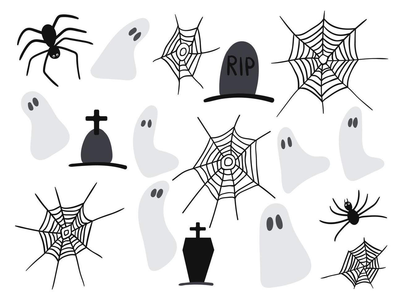 Vector Halloween elements set. Doodle stickers spider, ghost, spiderweb, grave. Vector stock illustration.