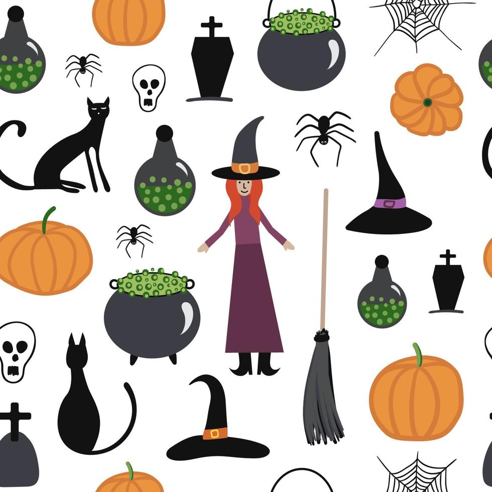 Vector Halloween seamless pattern. Witch, pot with green potion, cat, skull, spider, spider's web, pumpkin. Design for Halloween decor, textile, wrapping paper, wallpapers, sticker, greeting cards.