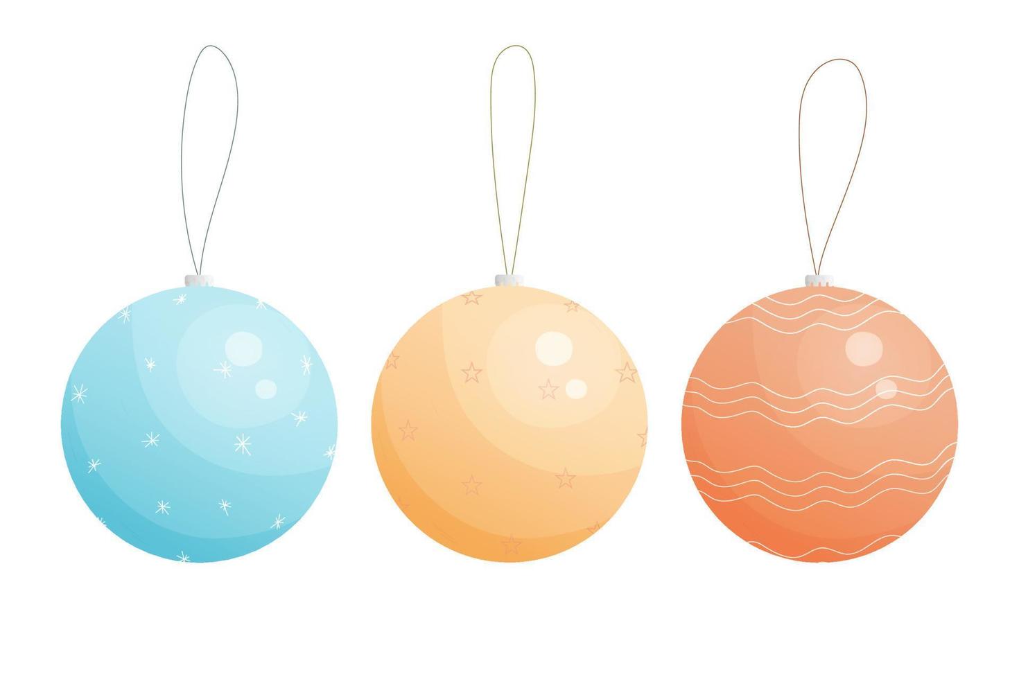 juego de tres bolas de navidad. dibujos animados de bolas doradas, azules y rojas. ilustración vectorial aislada vector