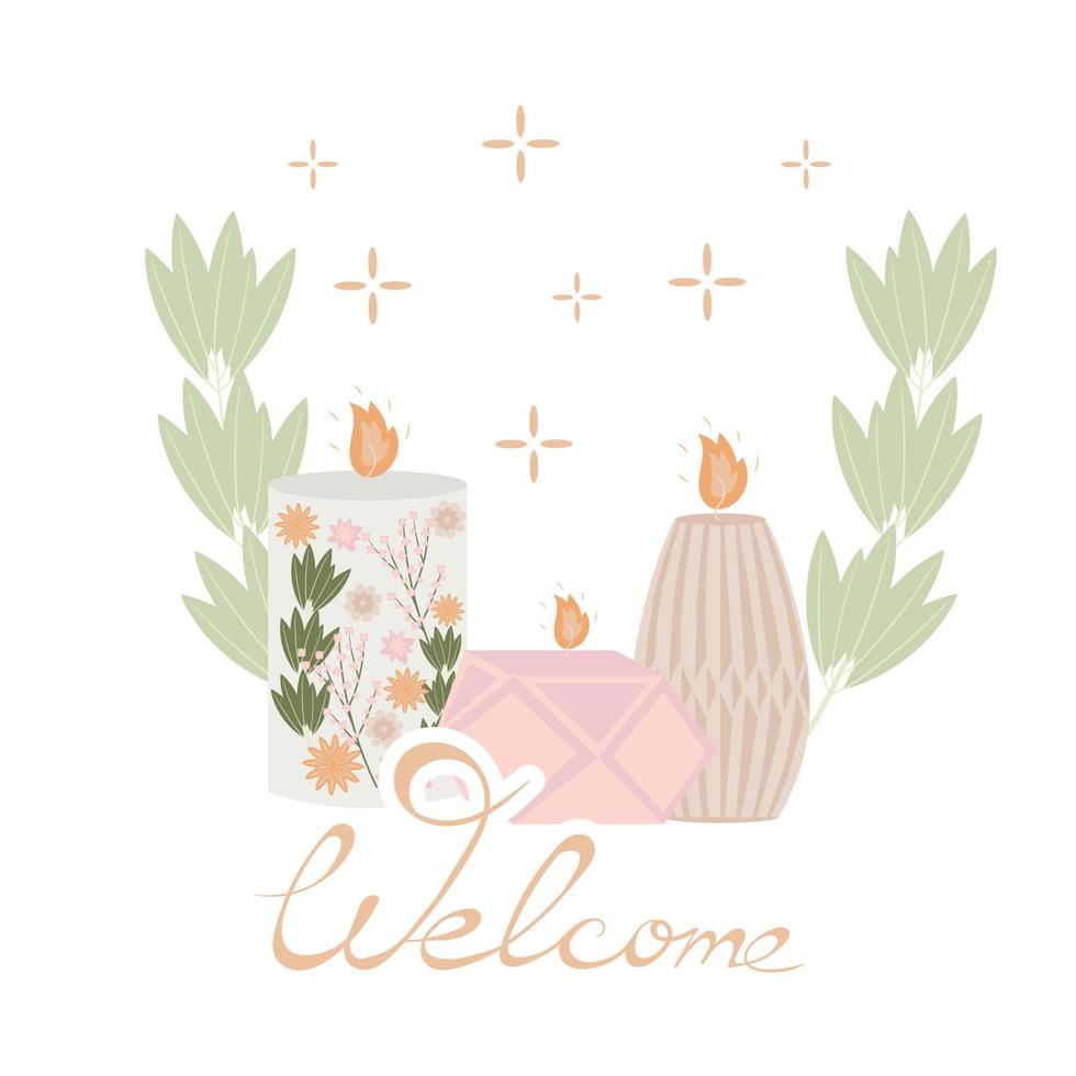 Composition with handmade scented candles made of soy and coconut wax in candlesticks and jars of various shapes. Template for postcards banners with the inscription welcome in the hygge style vector