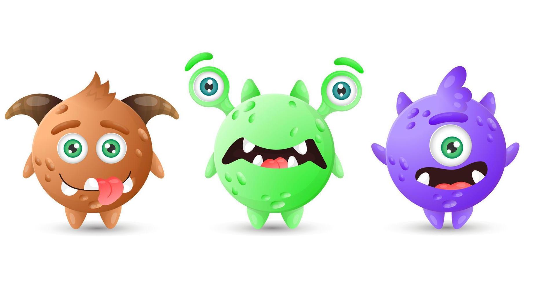 Collection of multicolored round funny monsters. Brown, green, pink cartoon aliens. vector