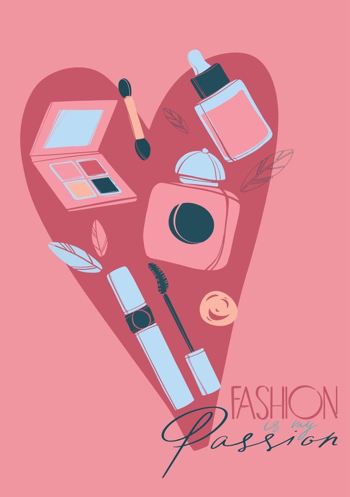 publicidad de moda con cosméticos coloridos sobre un fondo rosa con un  corazón para el diseño de pancartas. la belleza del rostro. kit de  maquillaje. 11971595 Vector en Vecteezy