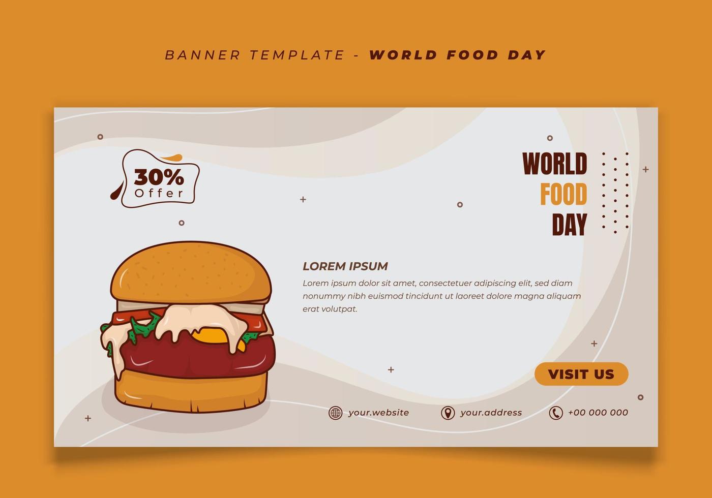 plantilla de banner en el fondo del paisaje con dibujos animados de diseño de hamburguesas para el diseño del día mundial de la alimentación vector