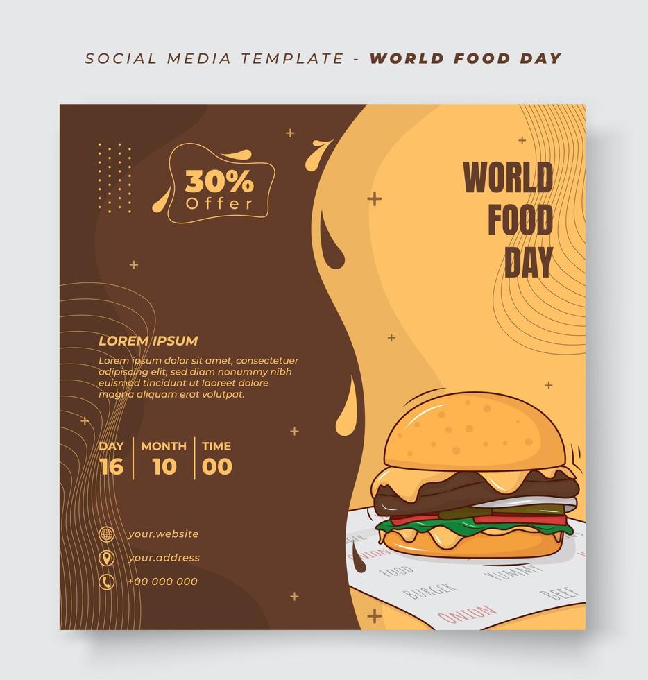 Social media template in yellow and brown background with cartoon burger for world post day design vector