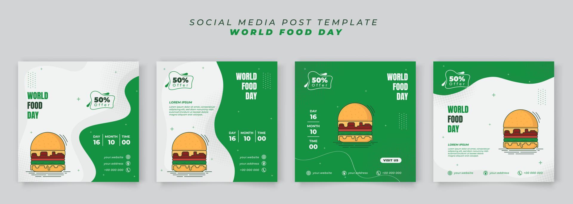 Set of social media post in green white background with burger in cartoon design for world food day vector