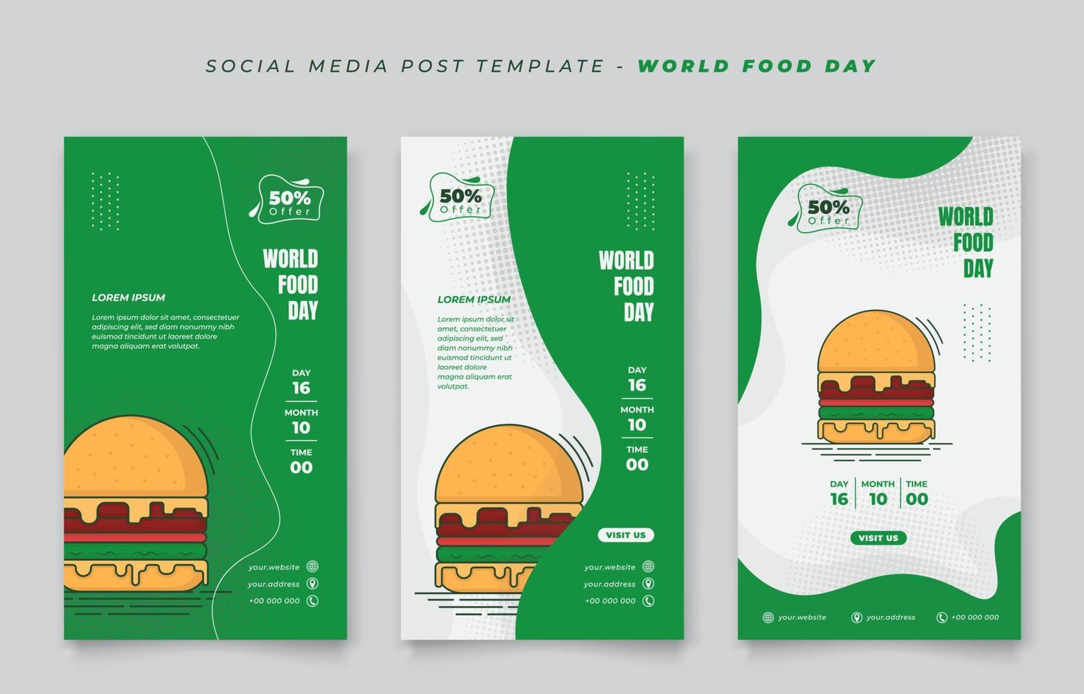 Set of social media template in portrait design with green abstract background for food day design vector