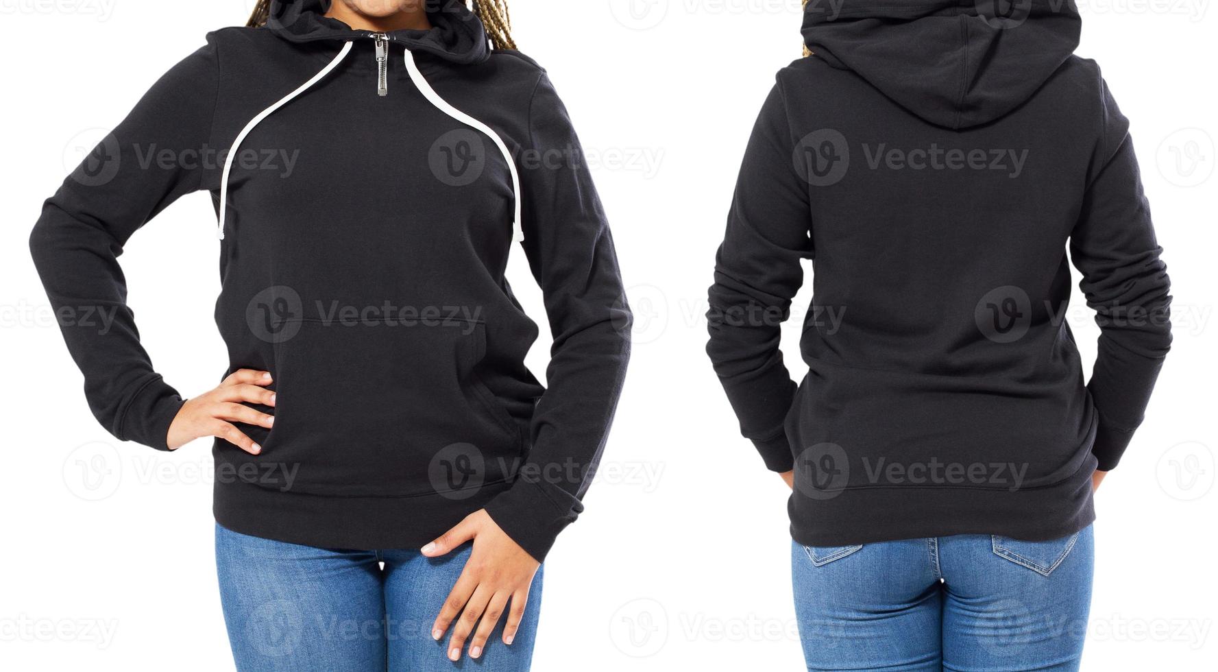 Front back and rear black sweatshirt view. Afro american girl woman in template clothes for print and copy space isolated on white background. Mockup photo