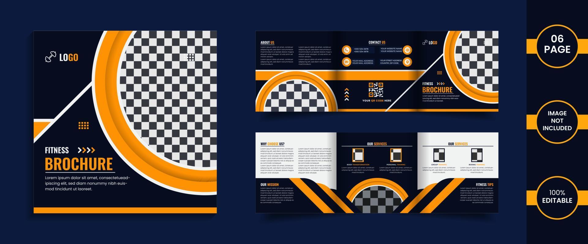 Gym 6 page square trifold brochure design template with yellow color abstract shapes and data. vector
