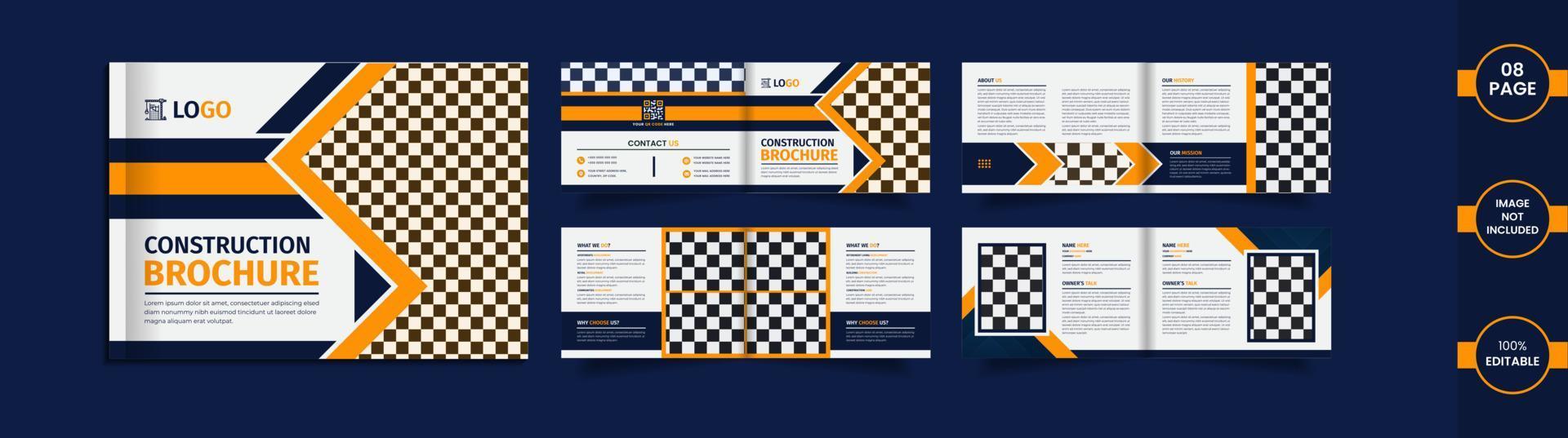 Construction 8 page landscape brochure design with geometric yellow and blue color shapes vector