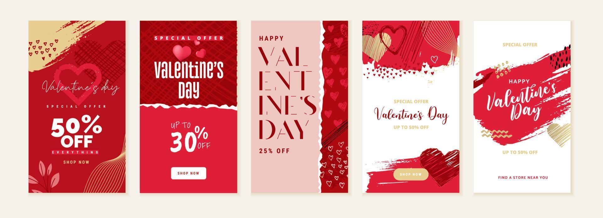 conjunto de banners de redes sociales del día de san valentín. ilustraciones vectoriales para banners de medios sociales, banners de sitios web, compras en línea, anuncios de venta, tarjetas de felicitación, material de marketing. vector