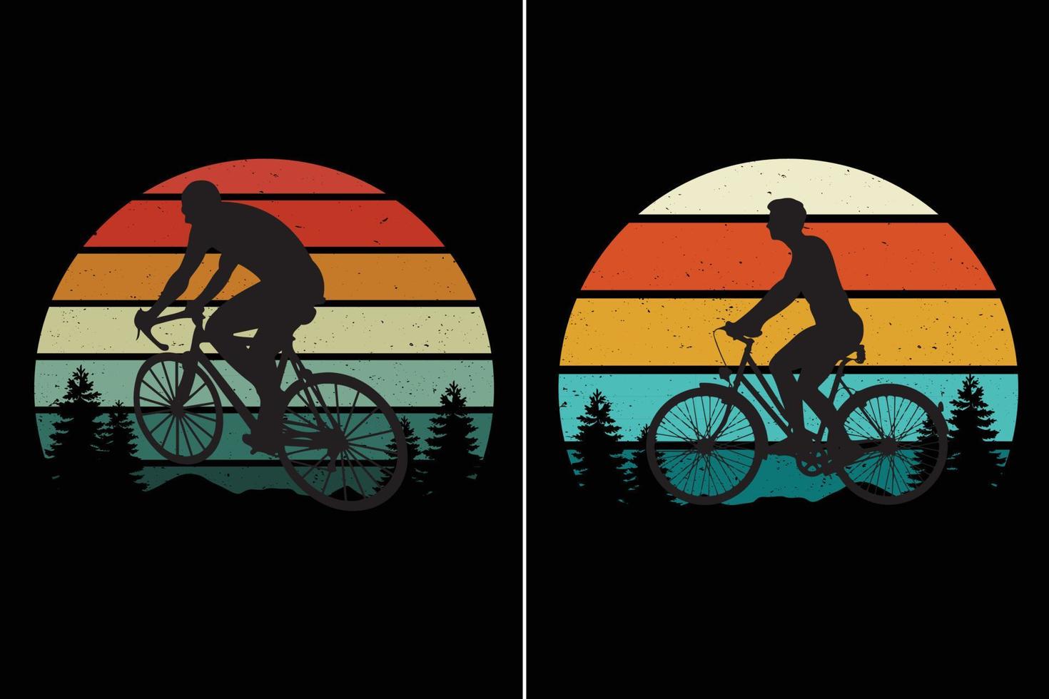 Gráfico de vector colorido retro vintage atardecer con silueta de ciclismo
